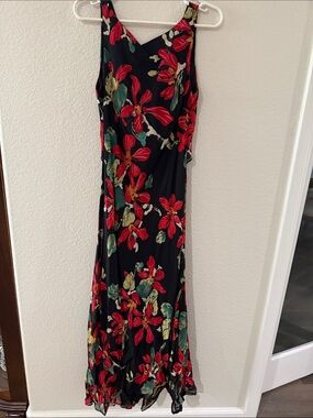 Cache Black Maxi Dress with Red & Green Floral Print